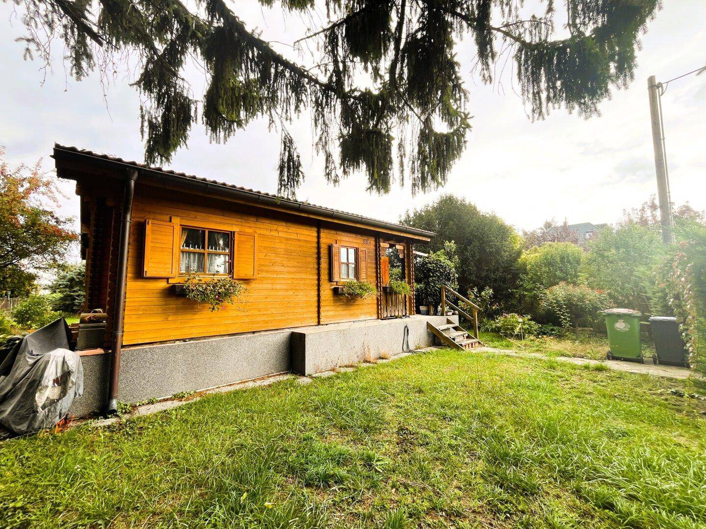 Charmantes Holzhaus mit Blumenkästen an den Fenstern und einem gepflegten Rasenbereich.
