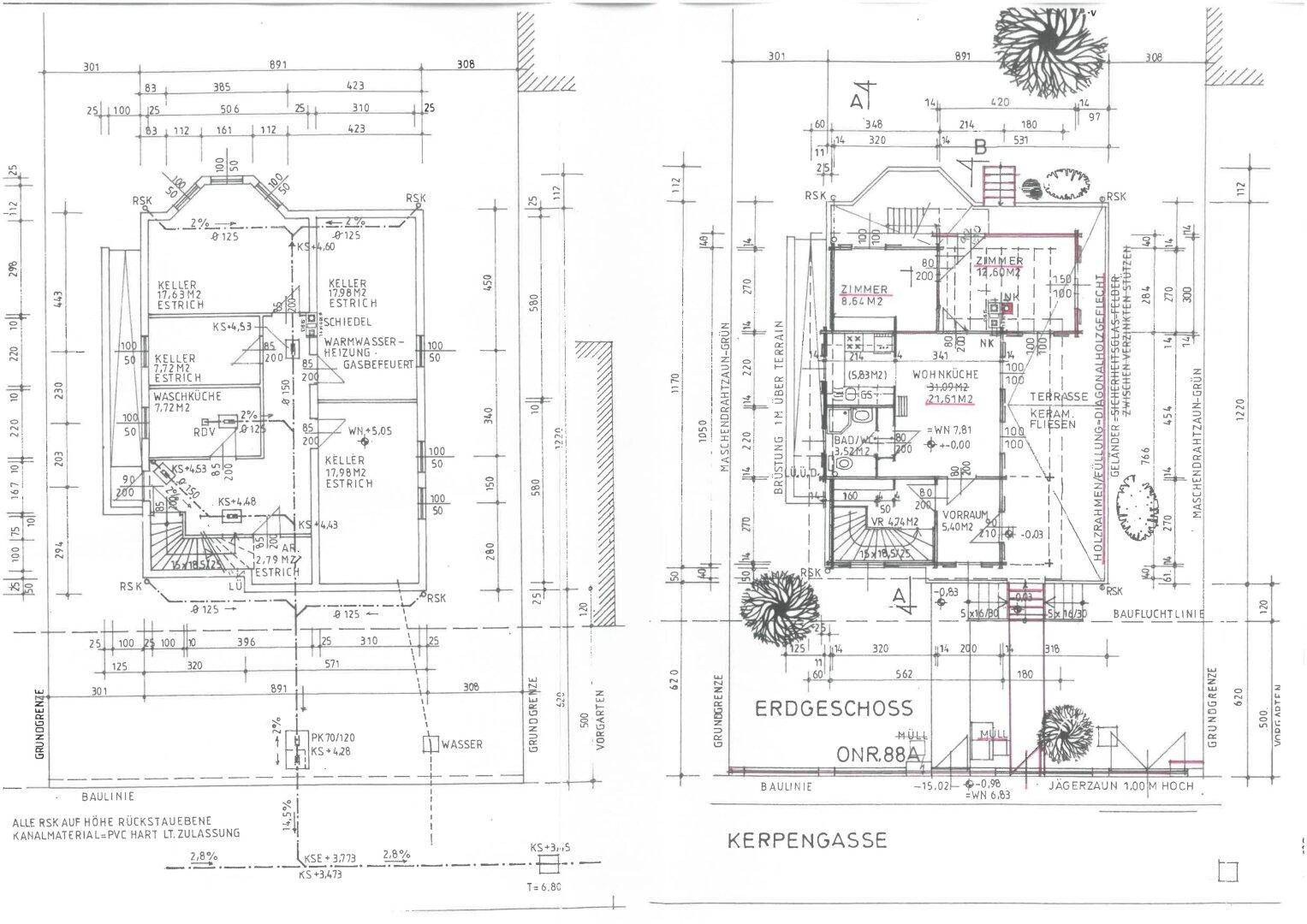 Detaillierter Grundriss des Erdgeschosses und Kellers mit Raumaufteilung und Maßen.
