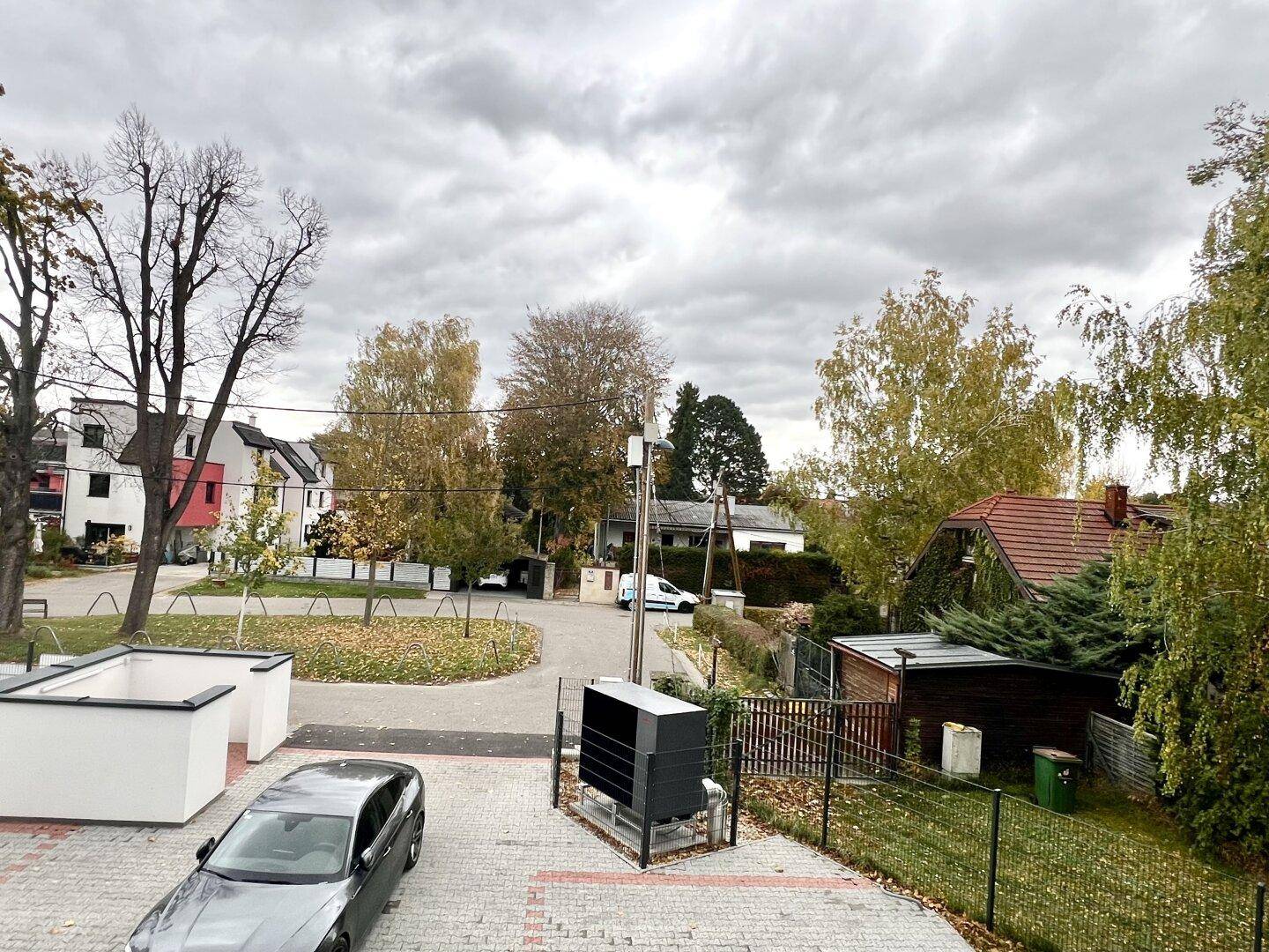 Blick auf die ruhige Wohngegend mit Bäumen und gepflasterten Parkplätzen unter bewölktem Himmel.