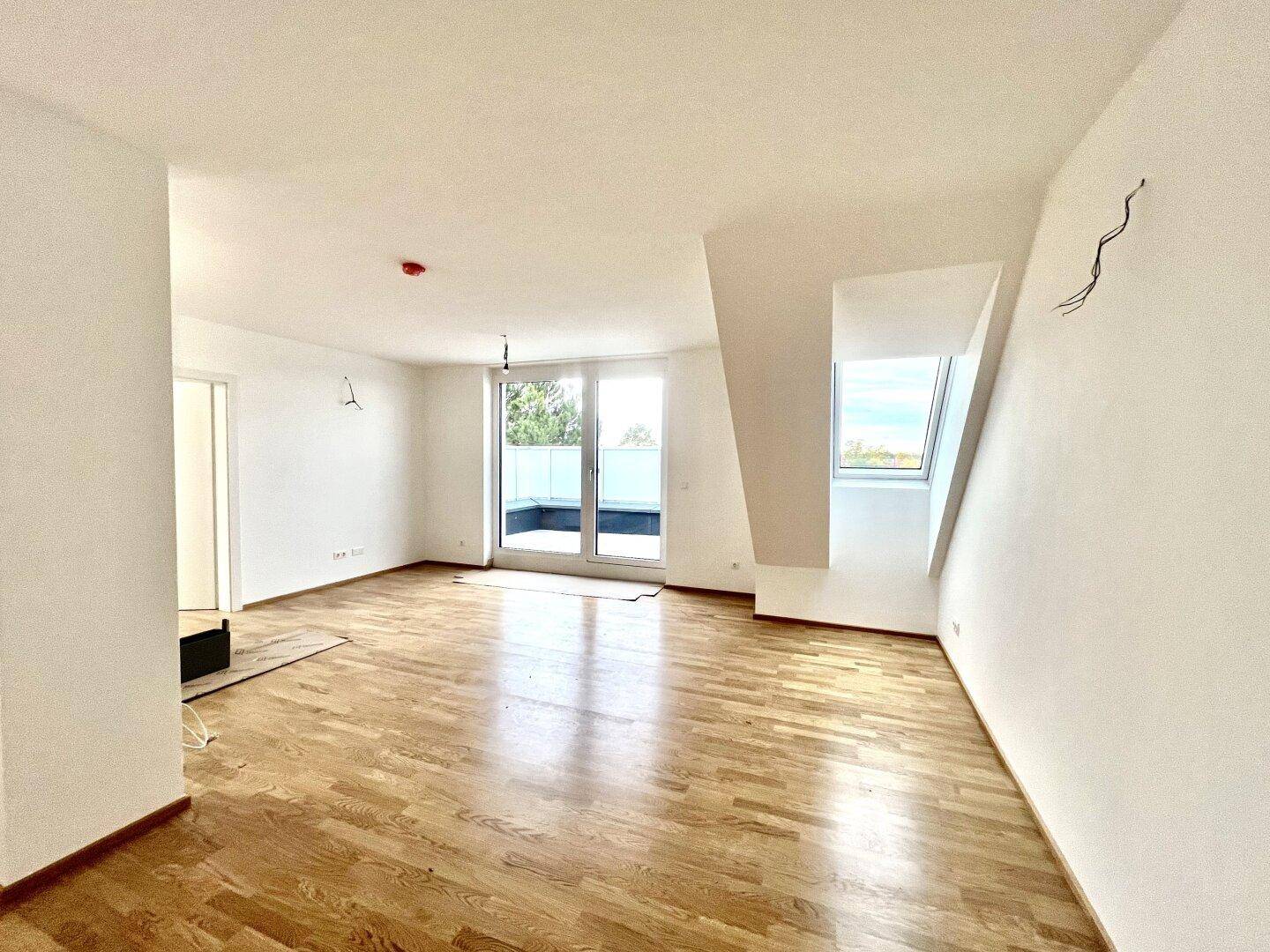Heller, unmöblierter Wohnraum mit Holzboden, Zugang zu einem Balkon und einem Dachfenster.
