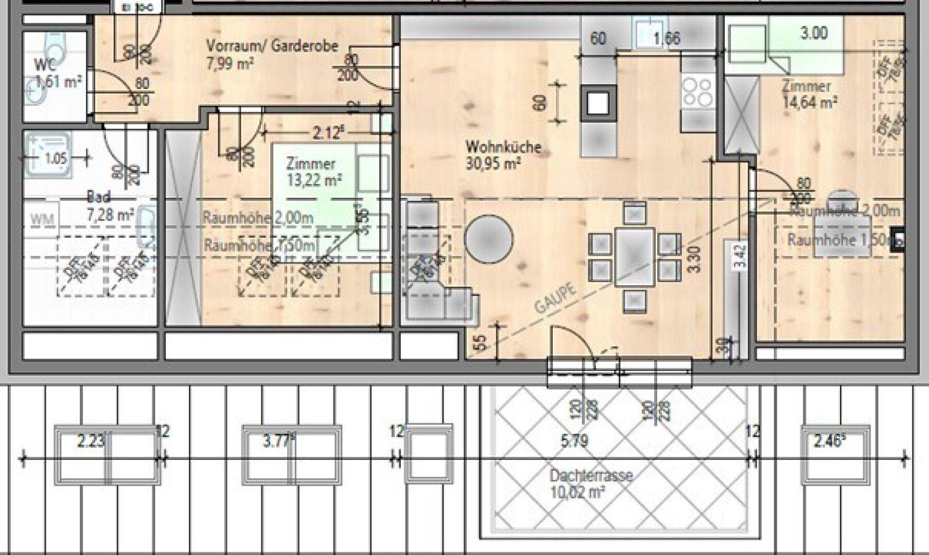 Grundriss der Dachgeschosswohnung mit offener Wohnküche, zwei Zimmern und großer Dachterrasse.