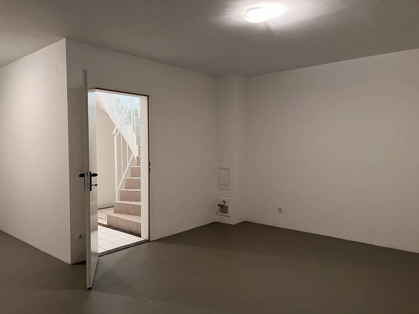 Heller Kellerraum mit grauem Boden und direktem Zugang zur Treppe des Hauses.