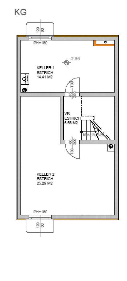 Grundriss des Kellergeschosses mit zwei Kellerräumen und einem Vorraum.