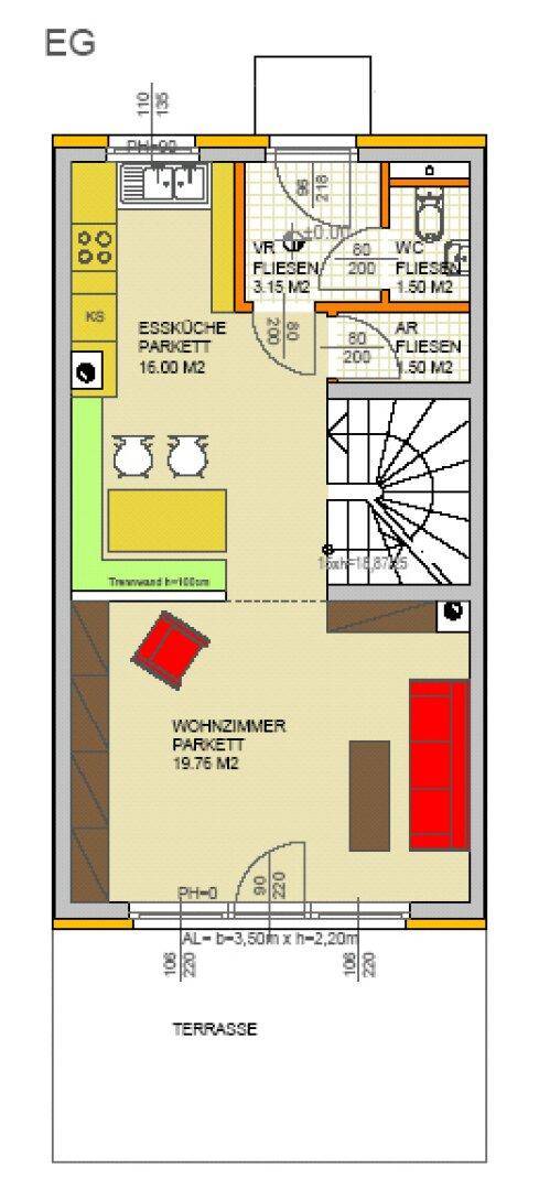 Grundriss des Erdgeschosses mit offener Wohnküche, Wohnzimmer und Zugang zur Terrasse.
