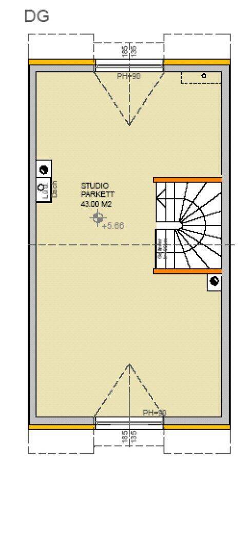Grundriss des Dachgeschosses mit offenem Studiobereich und Wendeltreppe.