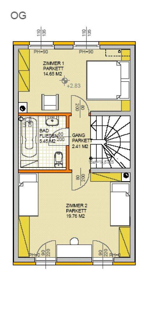 Grundriss des Obergeschosses mit zwei Schlafzimmern, Badezimmer und Wendeltreppe.
