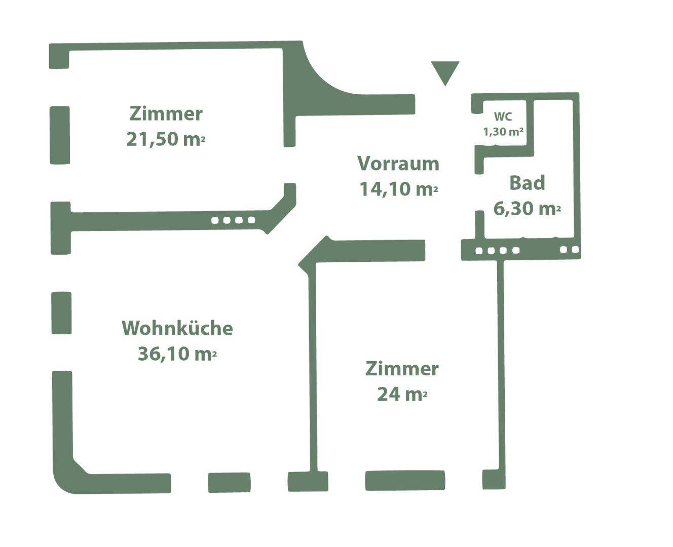 Grundriss der Wohnung mit drei Zimmern, Wohnküche, Bad und separatem WC.