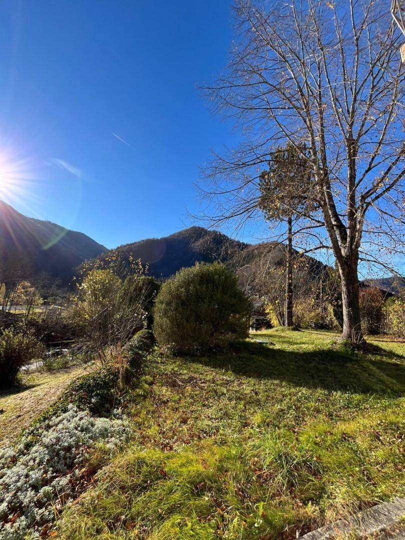 Sonniger Gartenbereich mit Bäumen und Sträuchern, umgeben von einer beeindruckenden Bergkulisse.