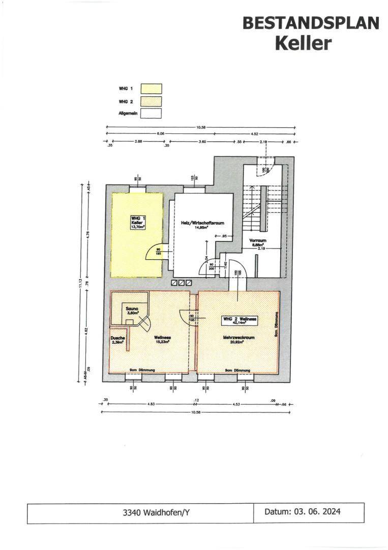 Grundriss des Kellergeschosses mit Sauna, Wellnessbereich, Heizraum und Mehrzweckräumen.