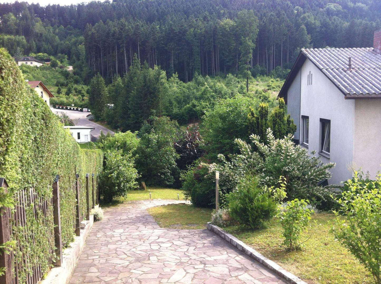 Zufahrt zum Haus mit gepflastertem Weg, umgeben von einem grünen Garten und Wald im Hintergrund.