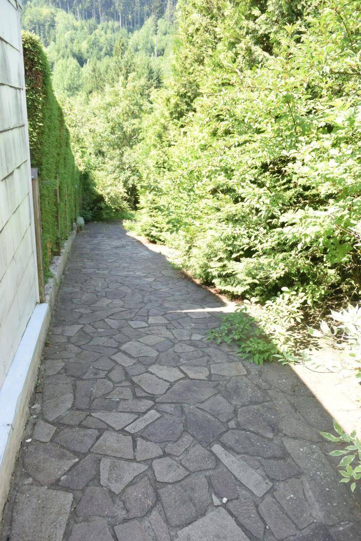 Gepflasterter Gartenweg entlang des Hauses, umgeben von hohen Hecken und Bäumen.