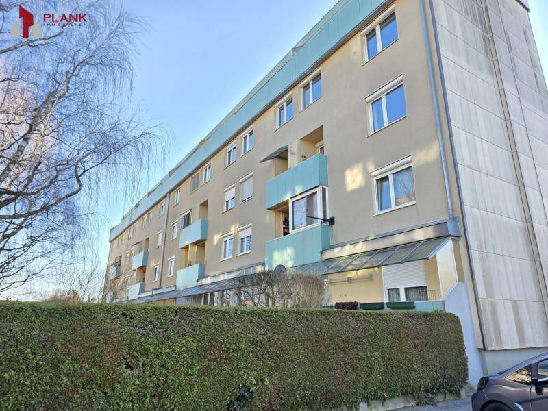 Mehrfamilienhaus mit moderner Fassade, Balkonen und gepflegter Hecke im Vordergrund.