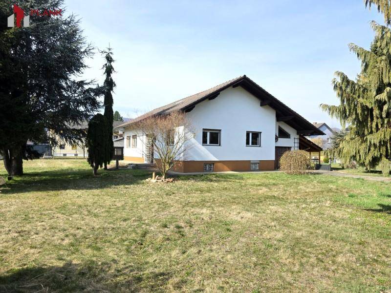 Ansicht des Einfamilienhauses mit großem Garten und umliegenden Bäumen unter blauem Himmel.