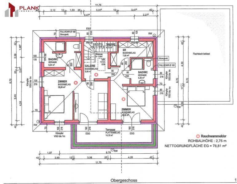 Grundriss des Obergeschosses mit Schlafzimmern, Bädern und Galerie.