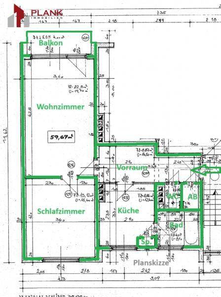Grundriss einer Wohnung mit Wohnzimmer, Schlafzimmer, Küche und Balkon, markiert in Grün.