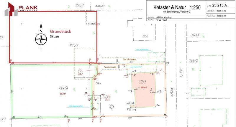 Katasterplan mit Grundstücksgrenzen und einem Servitutsweg, der die Zugangsrechte zu den Parzellen darstellt.