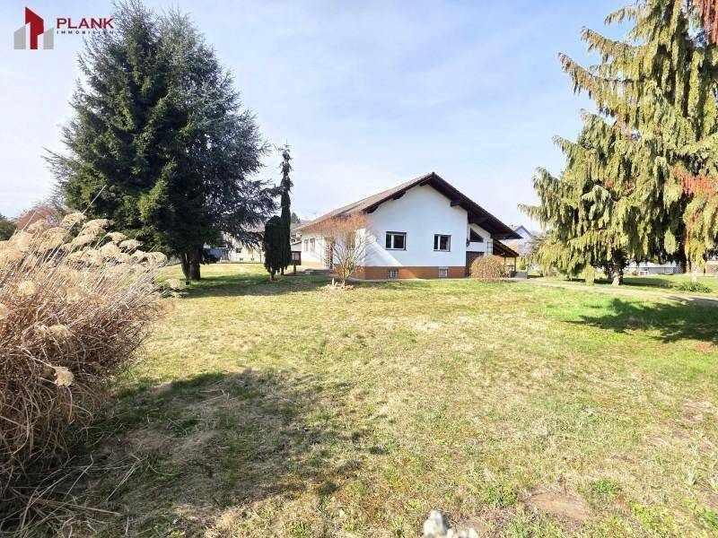Weitläufiger Gartenbereich mit Rasen und hohen Bäumen, der das Einfamilienhaus umgibt.