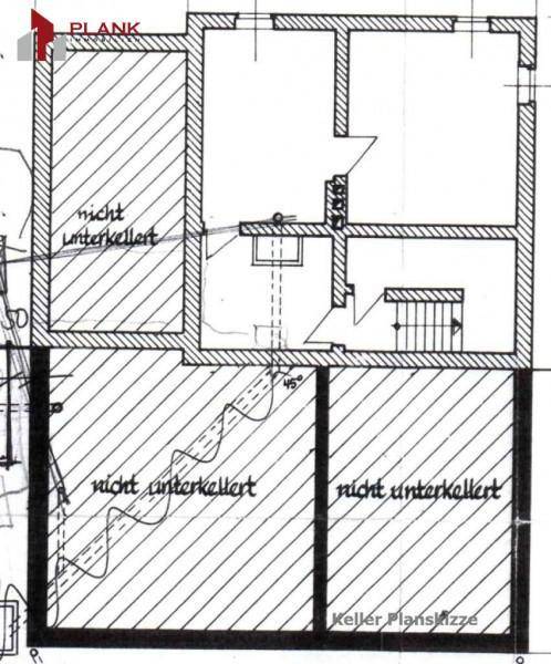 Kellerplansskizze zeigt Bereiche, die nicht unterkellert sind, und den Treppenaufgang.