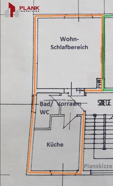 Grundrissplan zeigt die Aufteilung von Wohn-Schlafbereich, Bad, WC und Küche.