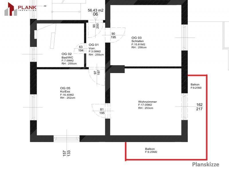 Grundriss des Obergeschosses mit Wohnzimmer, Schlafzimmer, Küche und zwei Balkonen.