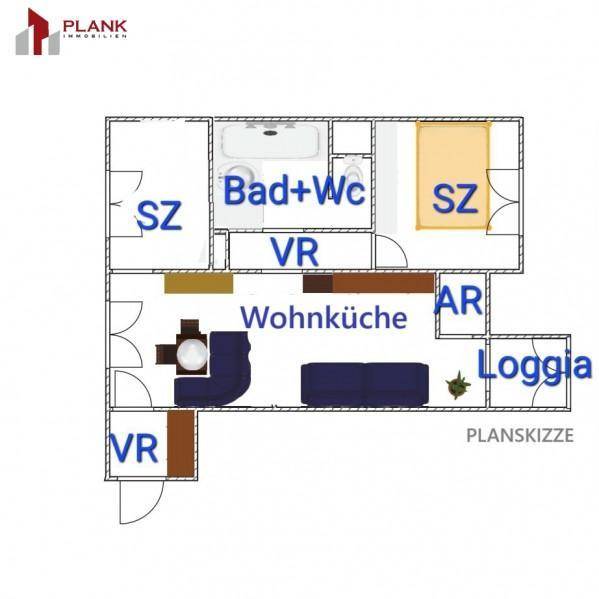Grundrissskizze der Wohnung mit Wohnküche, Schlafzimmern und Loggia.