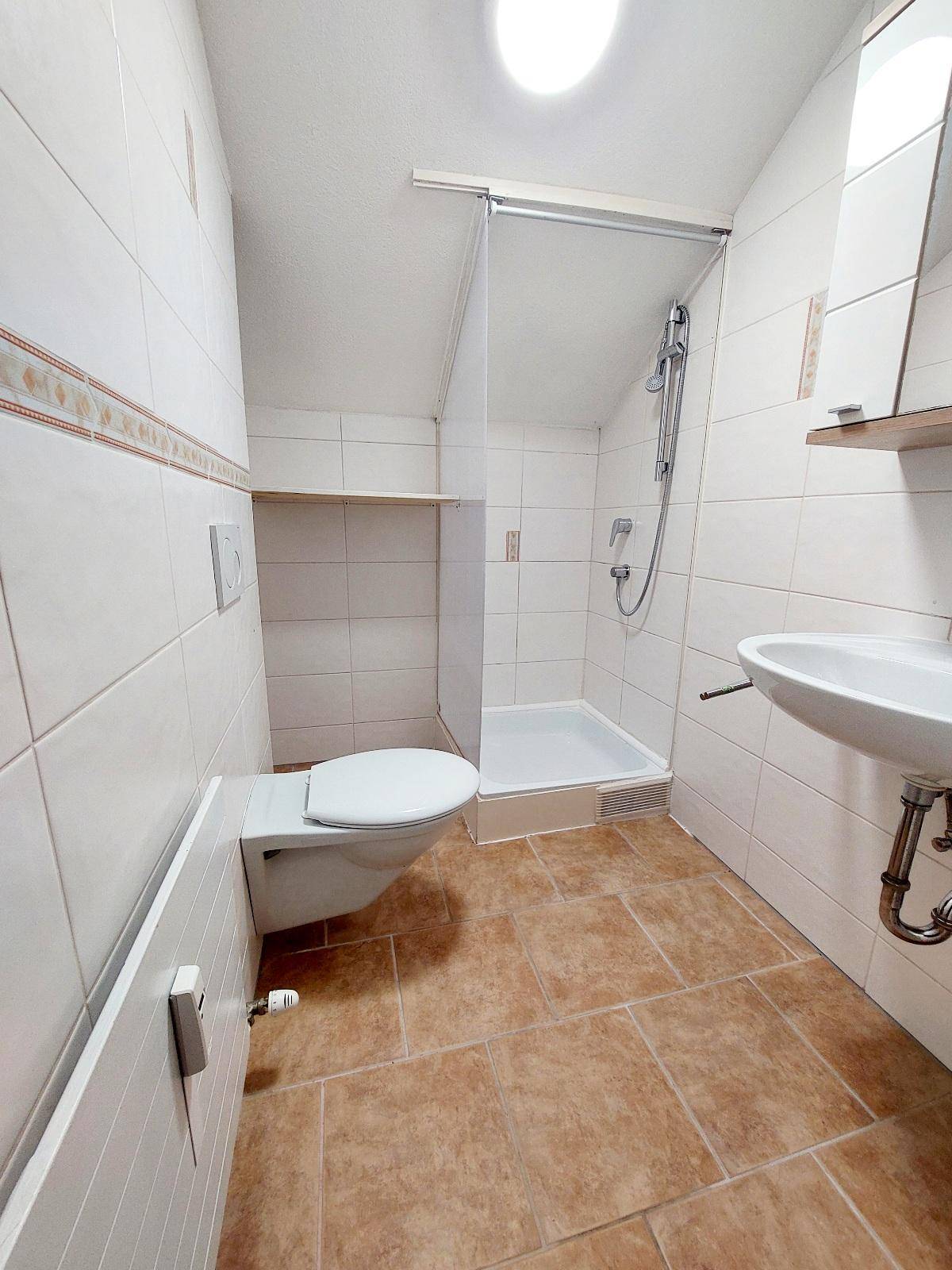 Badezimmer mit Dusche, wandhängendem WC und braunen Bodenfliesen in Standardausführung.