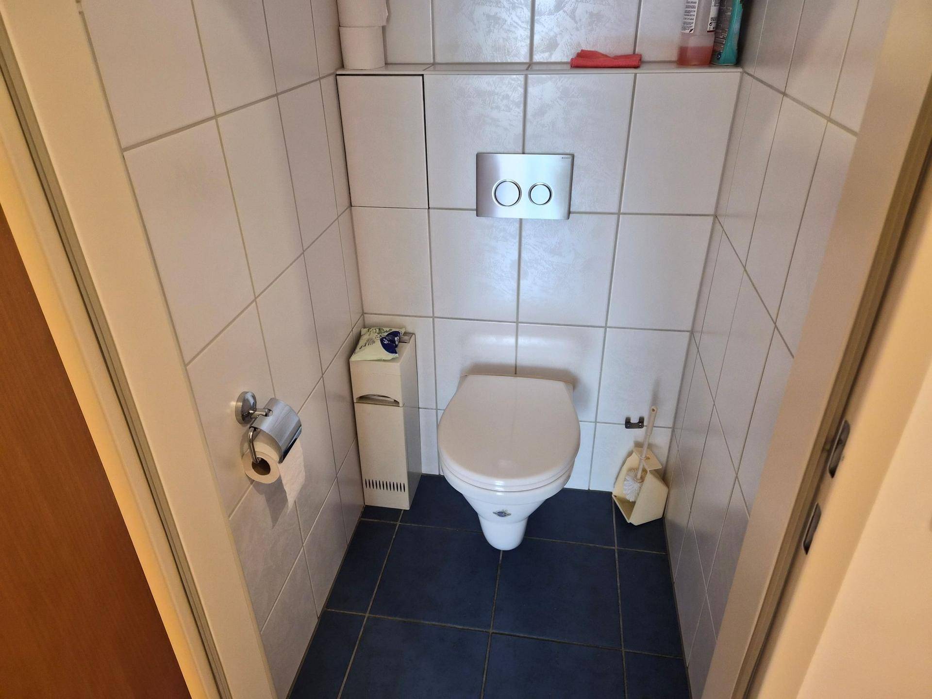 Separates WC mit wandhängender Toilette und blauen Bodenfliesen.