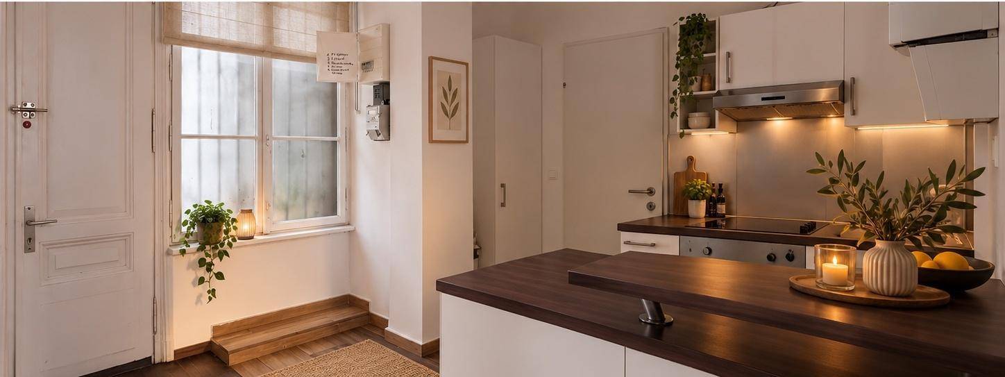 Helle Küche mit dunkler Arbeitsplatte, modernen Geräten und Fenster zum Innenhof.