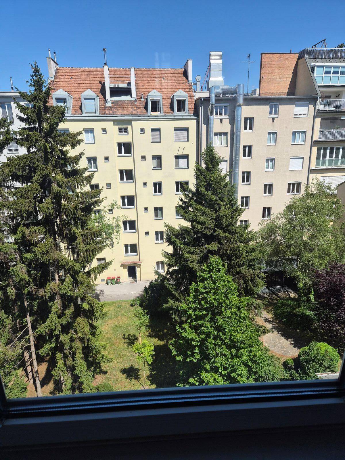 Blick aus dem Fenster auf einen grünen Innenhof mit Bäumen und umliegenden Gebäuden.
