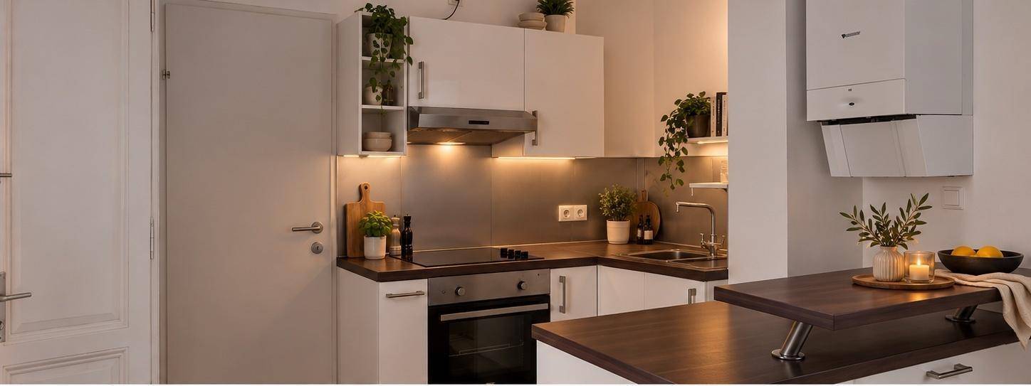 Moderne Einbauküche mit weißen Schränken, dunkler Arbeitsplatte und integrierten Geräten.