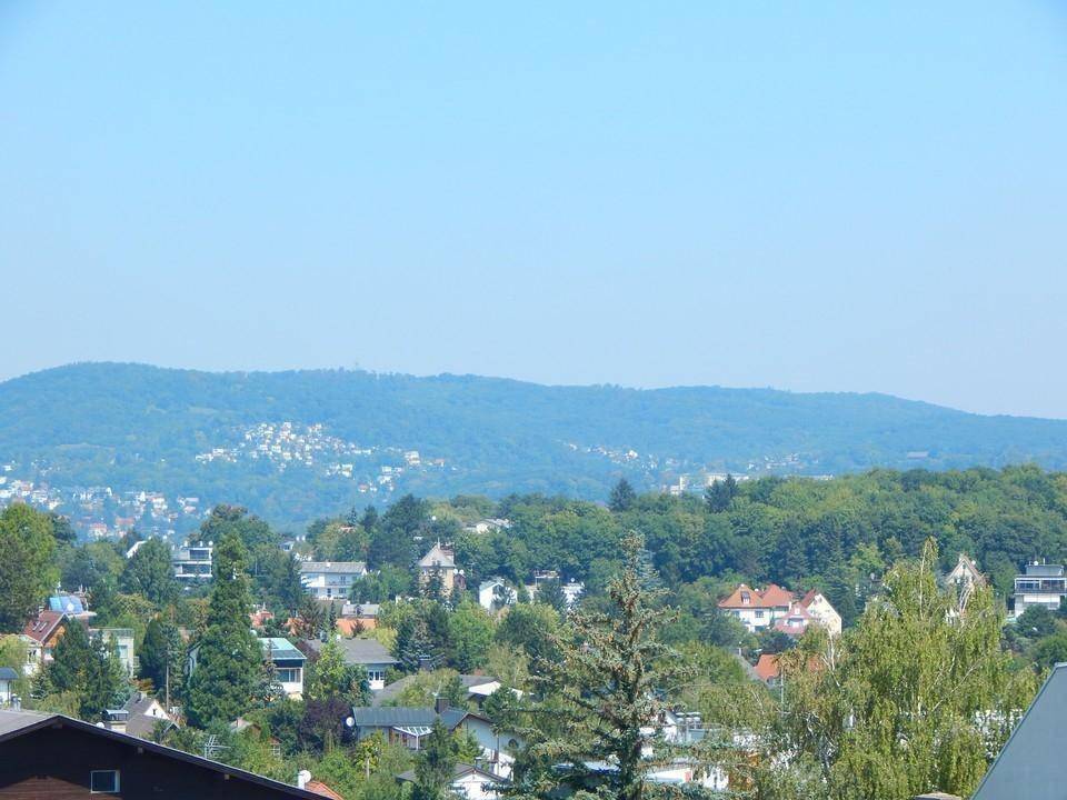 Weitläufiger Blick über eine grüne Hügellandschaft mit verstreuten Häusern und klarem Himmel.
