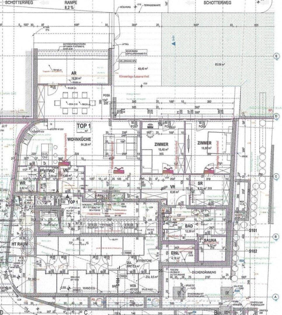 Detaillierter Grundriss einer Wohnung mit Wohnküche, zwei Zimmern und Bad.