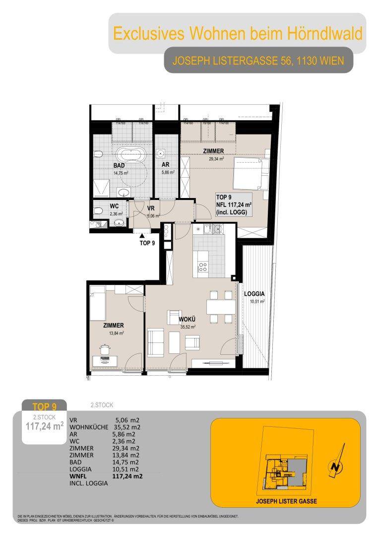 Grundriss einer Wohnung mit drei Zimmern, Wohnküche und Loggia.