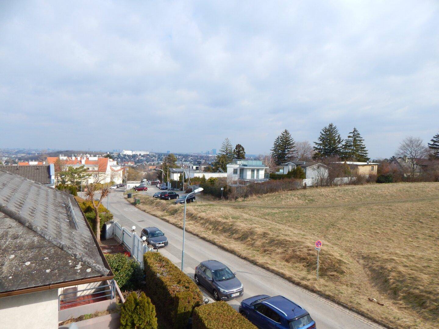 Blick von oben auf eine Wohnstraße mit Häusern und der fernen Stadtkulisse.