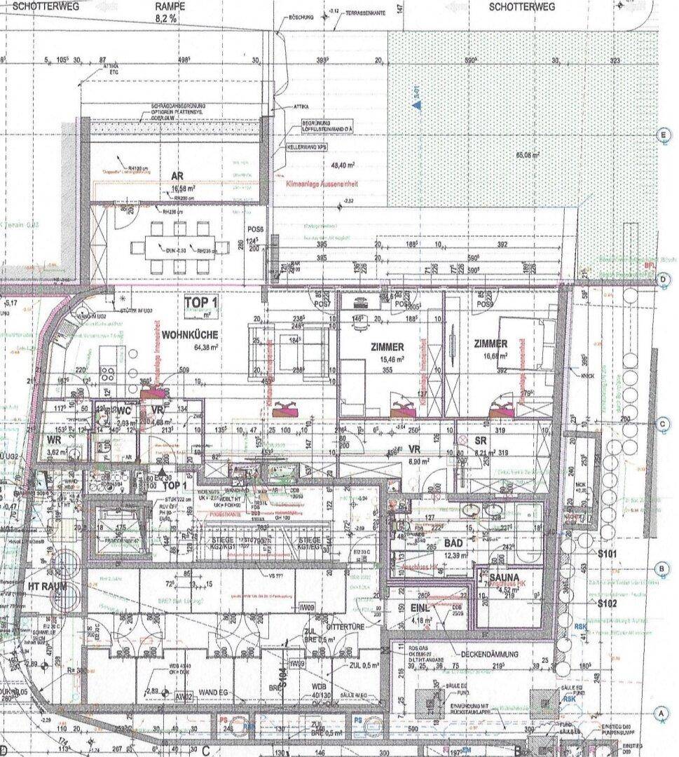 Detaillierter Grundriss einer Wohnung mit Wohnküche, zwei Zimmern und Bad.