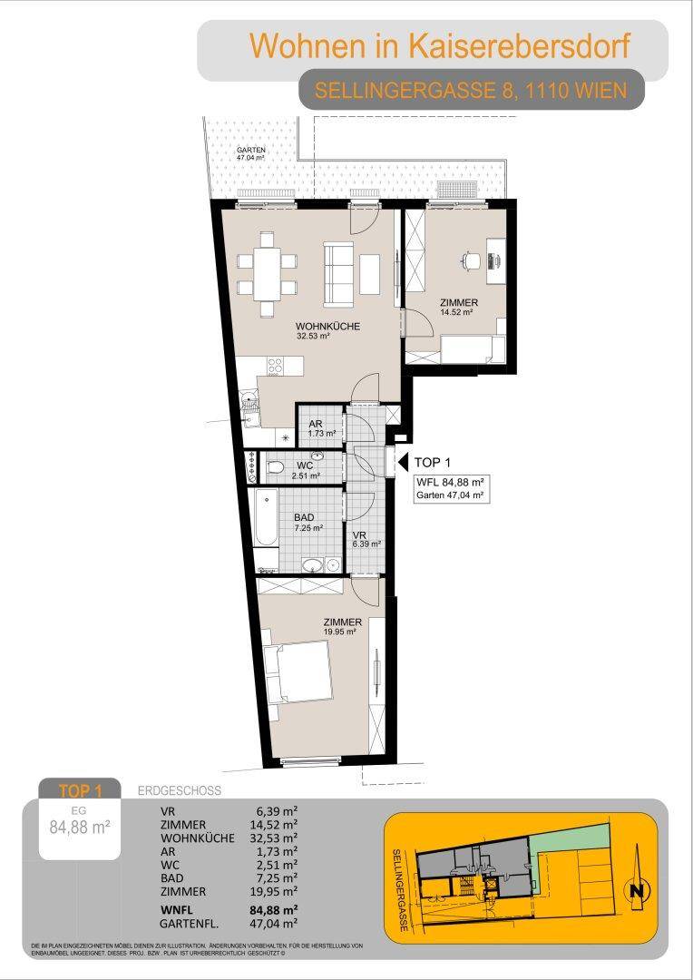 Grundriss für TOP 1 im Erdgeschoss mit offener Wohnküche, Schlafzimmer und Garten.