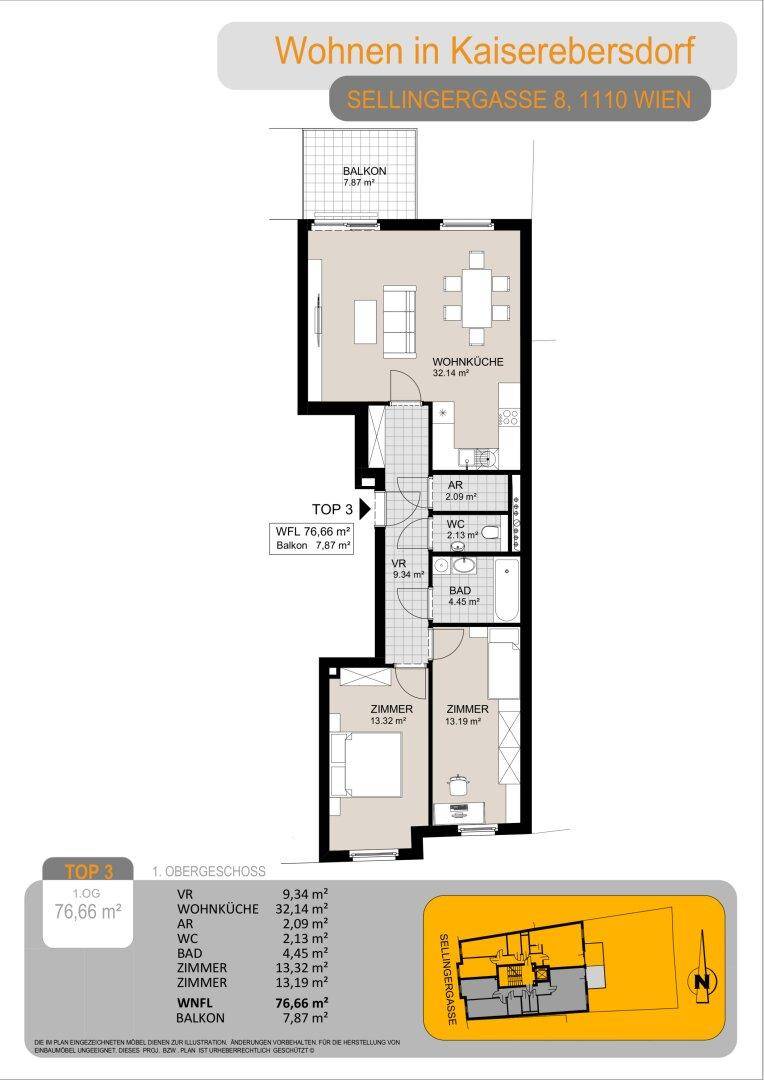 Grundriss für TOP 3 im ersten Obergeschoss mit offener Wohnküche und Balkon.