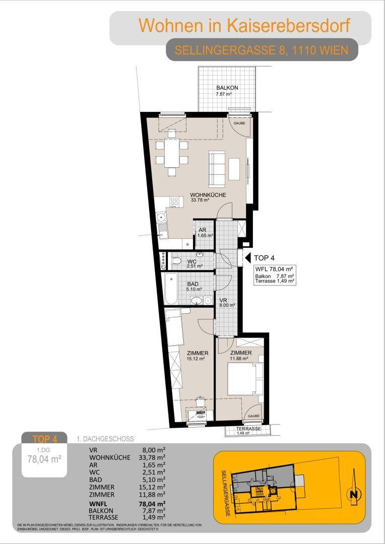 Grundriss für TOP 4 im ersten Dachgeschoss mit Balkon, Terrasse und zwei Zimmern.