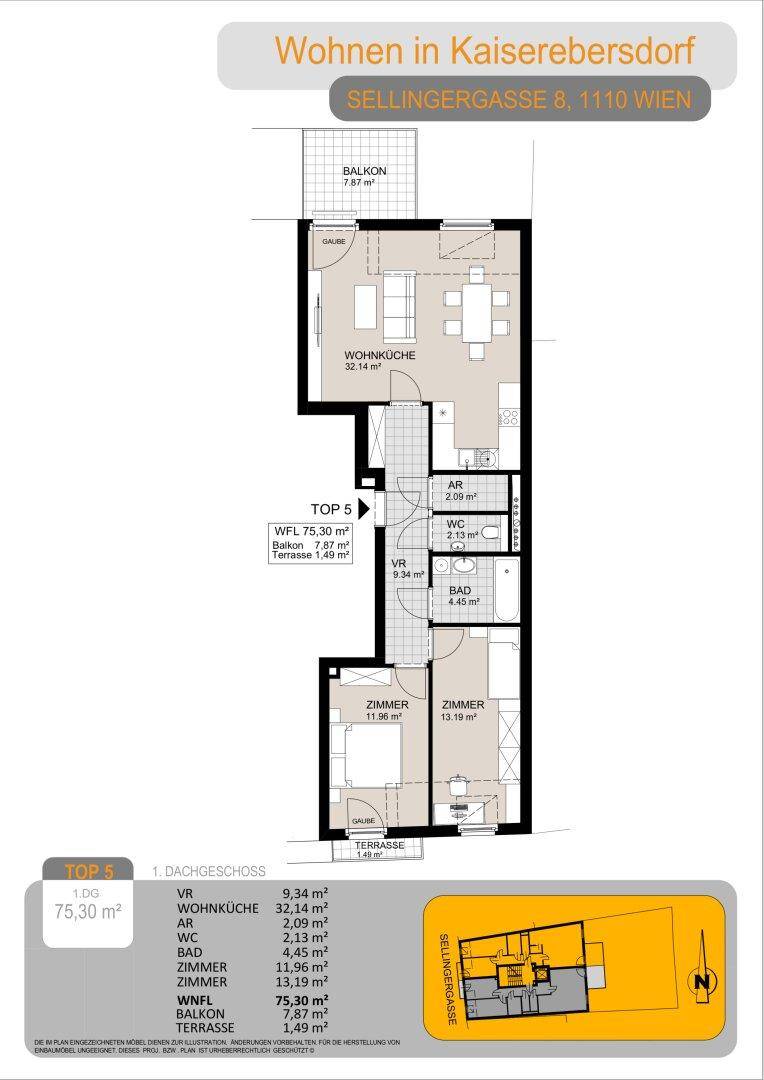 Grundriss für TOP 5 im ersten Dachgeschoss mit offener Wohnküche, Balkon und Terrasse.