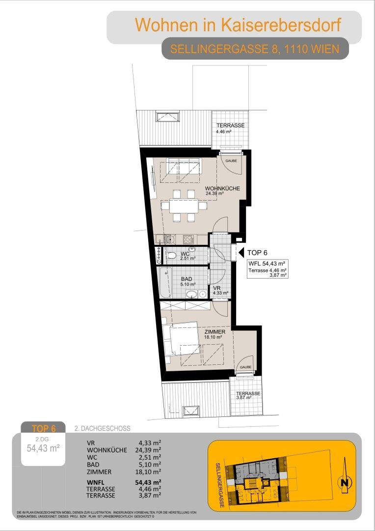 Grundriss für TOP 6 im zweiten Dachgeschoss mit Wohnküche, Schlafzimmer und zwei Terrassen.