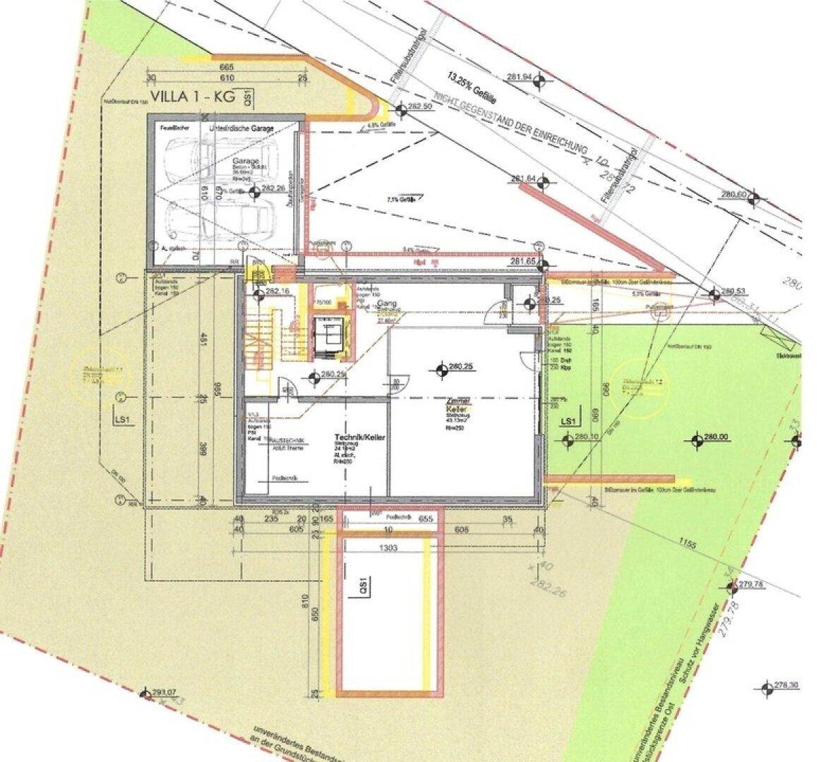 Grundriss des Kellergeschosses mit Technikraum, Keller und Tiefgarage.