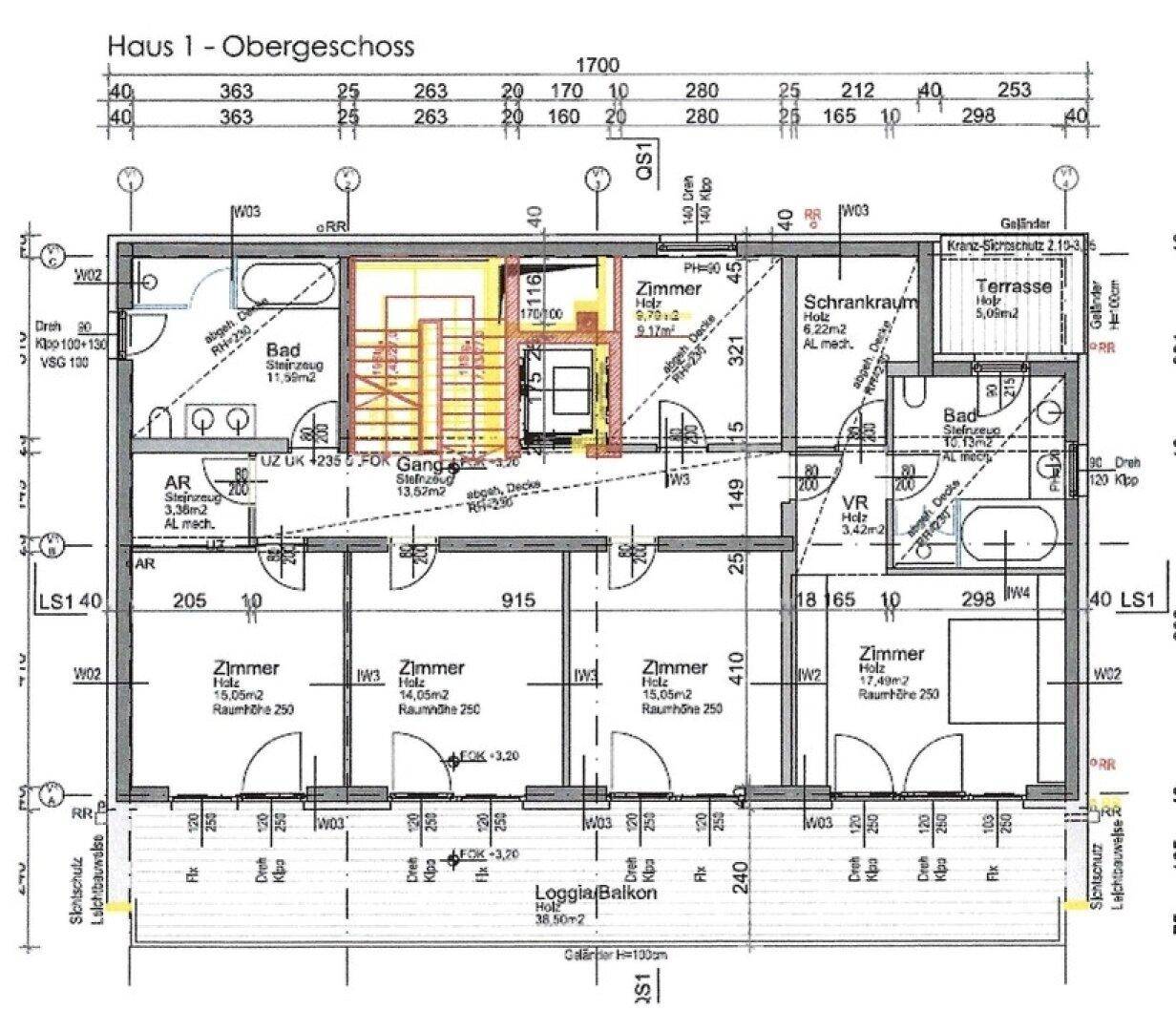 Grundriss des Obergeschosses mit mehreren Zimmern, Bädern, Schrankraum und Terrasse.