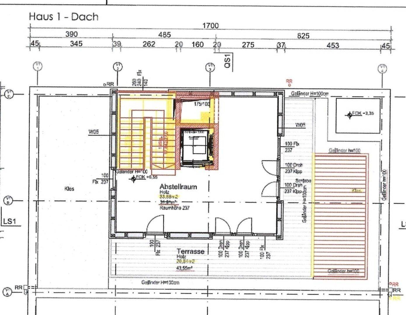 Grundriss des Dachgeschosses mit Abstellraum und großer Dachterrasse.