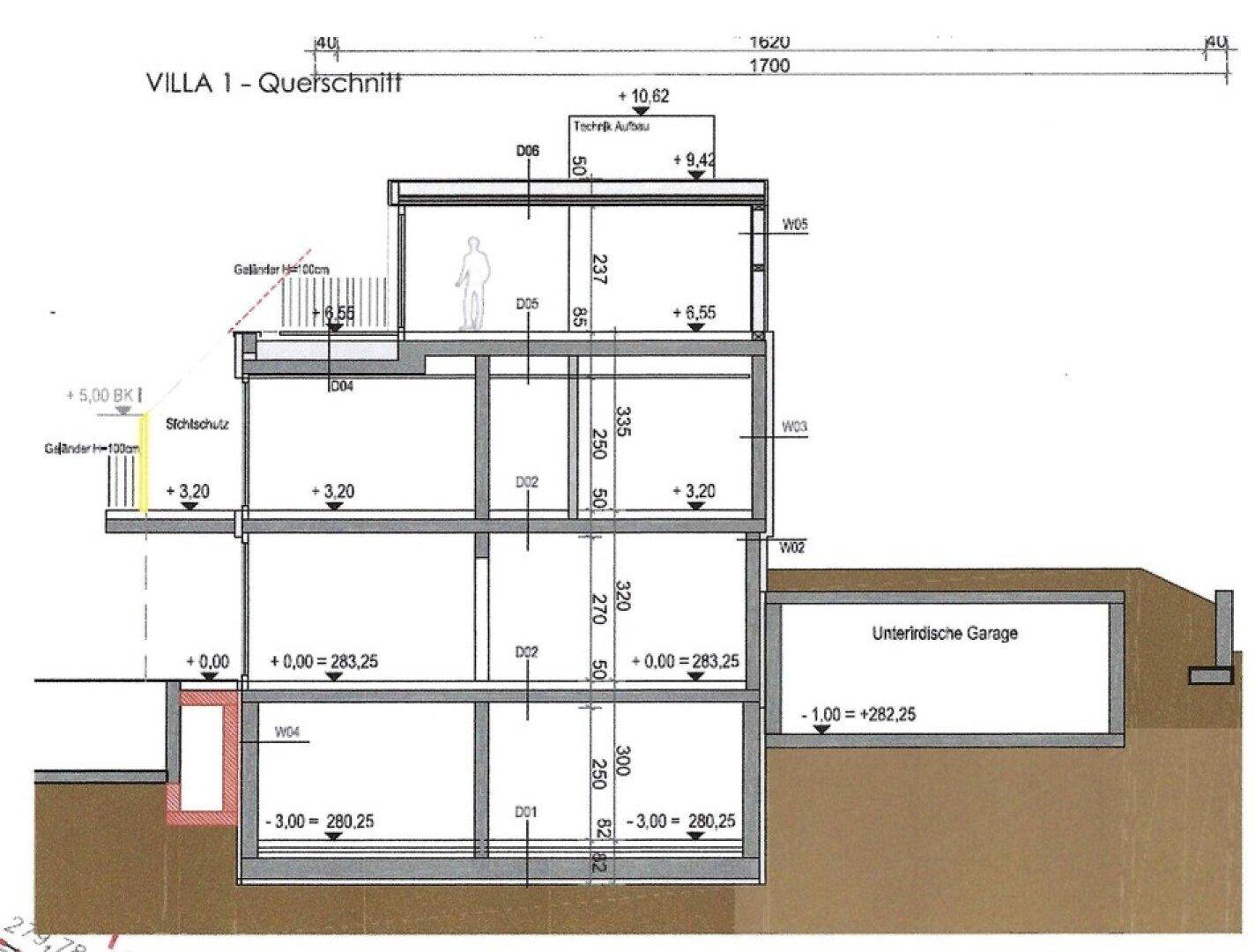Architektonischer Querschnitt einer Villa, der die verschiedenen Ebenen und die Tiefgarage zeigt.
