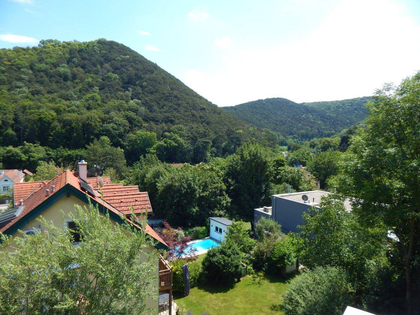 Panoramablick auf die grüne Hügellandschaft mit umliegenden Häusern und einem Pool.