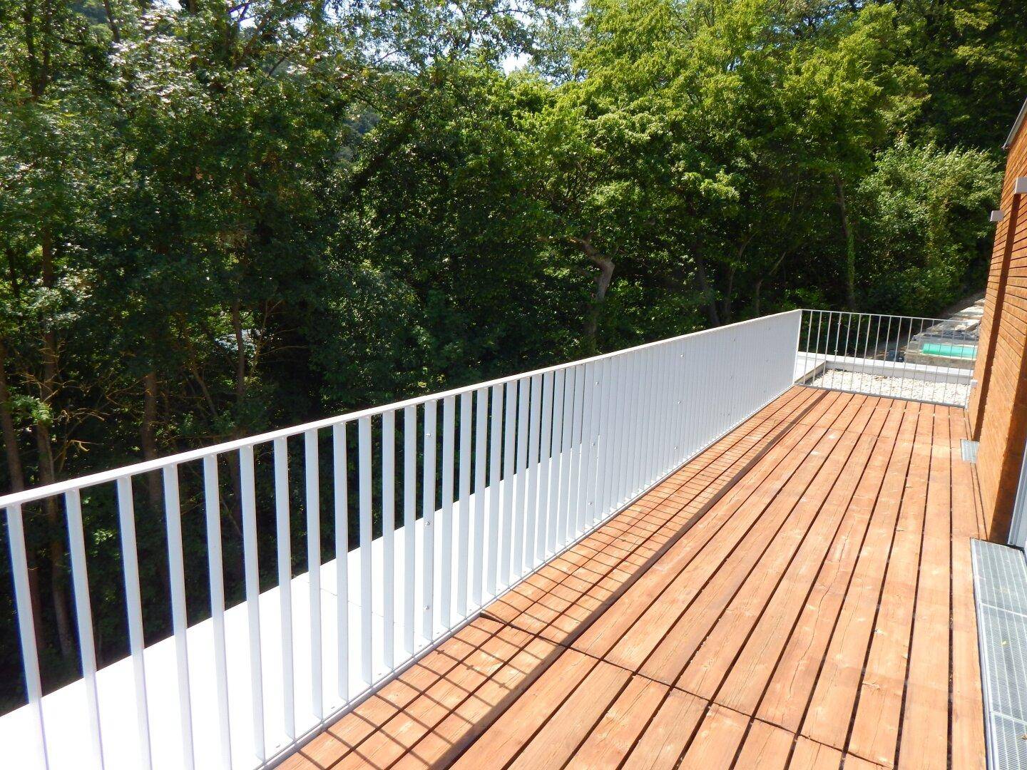 Geräumige Holzterrasse mit modernem Geländer und direktem Zugang zum bewaldeten Gartenbereich.