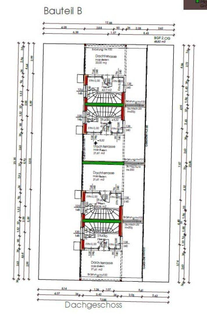 Grundriss des Dachgeschosses von Bauteil B mit Zimmern und geräumigen Dachterrassen für jede Wohneinheit.