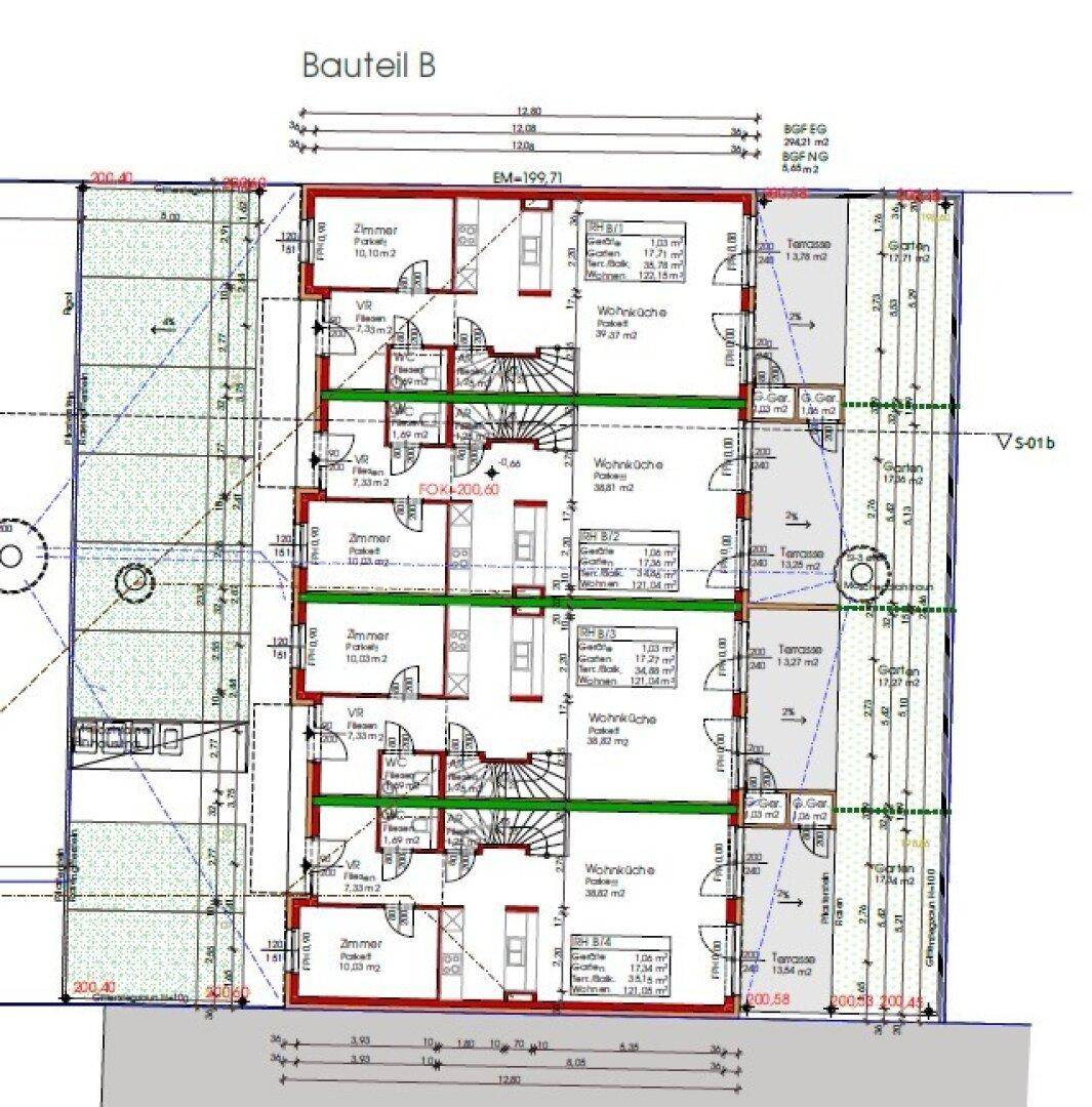 Grundriss des Erdgeschosses von Bauteil B mit offenen Wohnküchen, Terrassen und privaten Gärten.