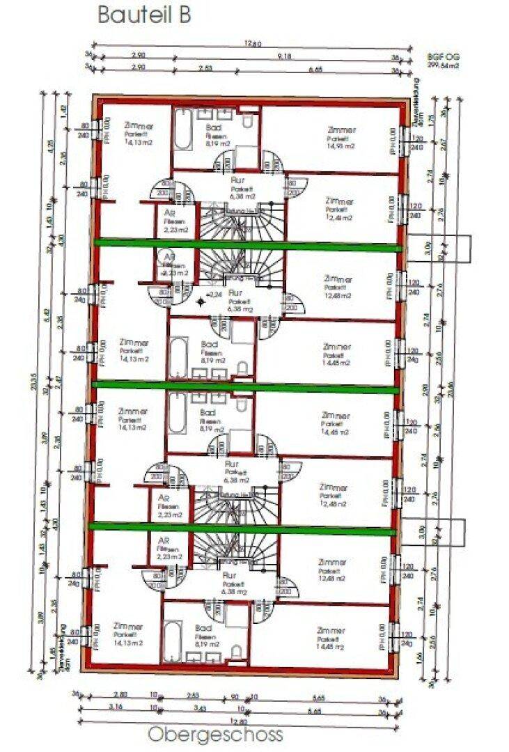 Grundriss des Obergeschosses von Bauteil B mit Schlafzimmern und einem Badezimmer für jede Wohneinheit.