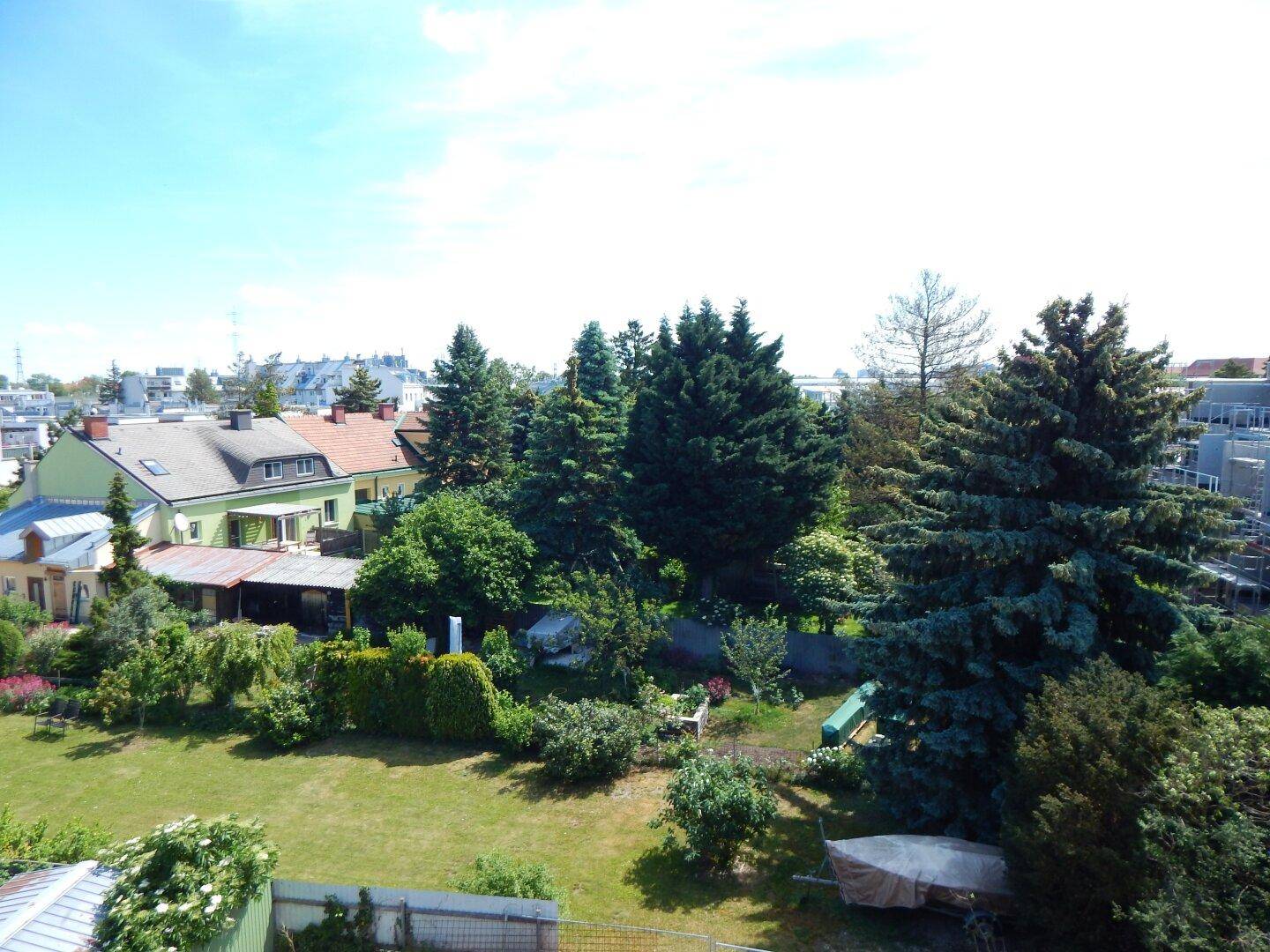 Weitläufiger Blick über grüne Gärten und Wohnhäuser unter einem klaren blauen Himmel.